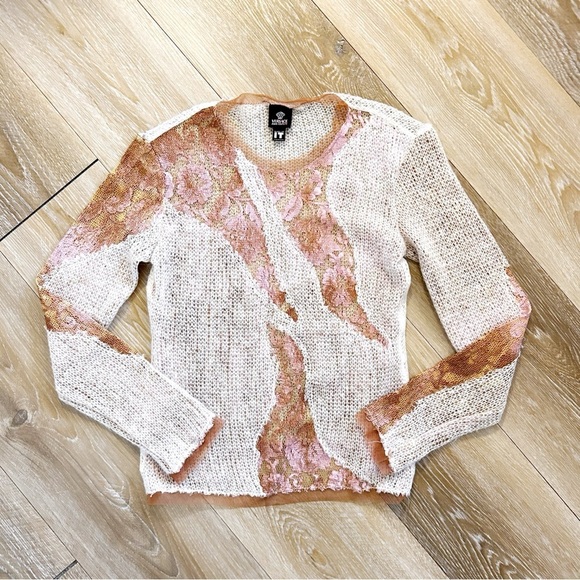 Versace Y2K Vintage Sheer Knit Lace Cream Rose Sweater – Size Medium - Picture 2 of 9